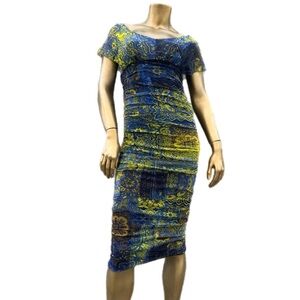 Blue and Yellow MOSAIC Patterned Dress fitted stretchy micro mesh dress